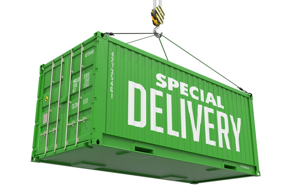 Special Delivery -Green Cargo Container hoisted by hook, Isolated on White Background.